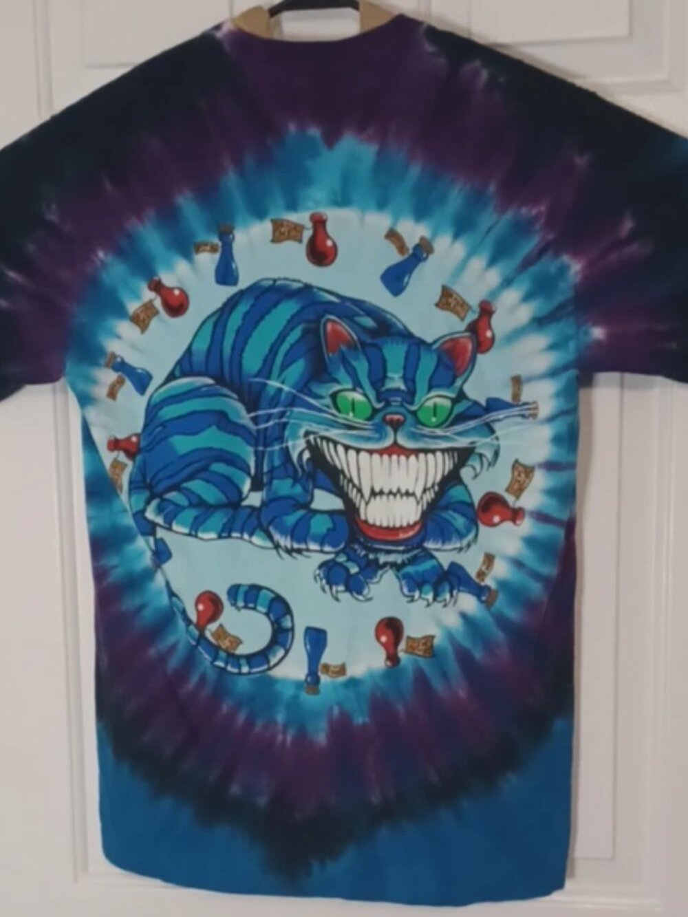 Mad Hatter Cheshire Cat 2 Side Tie Dye Shirt M Alice Wonderland Liquid Blue - Picture 2 of 5